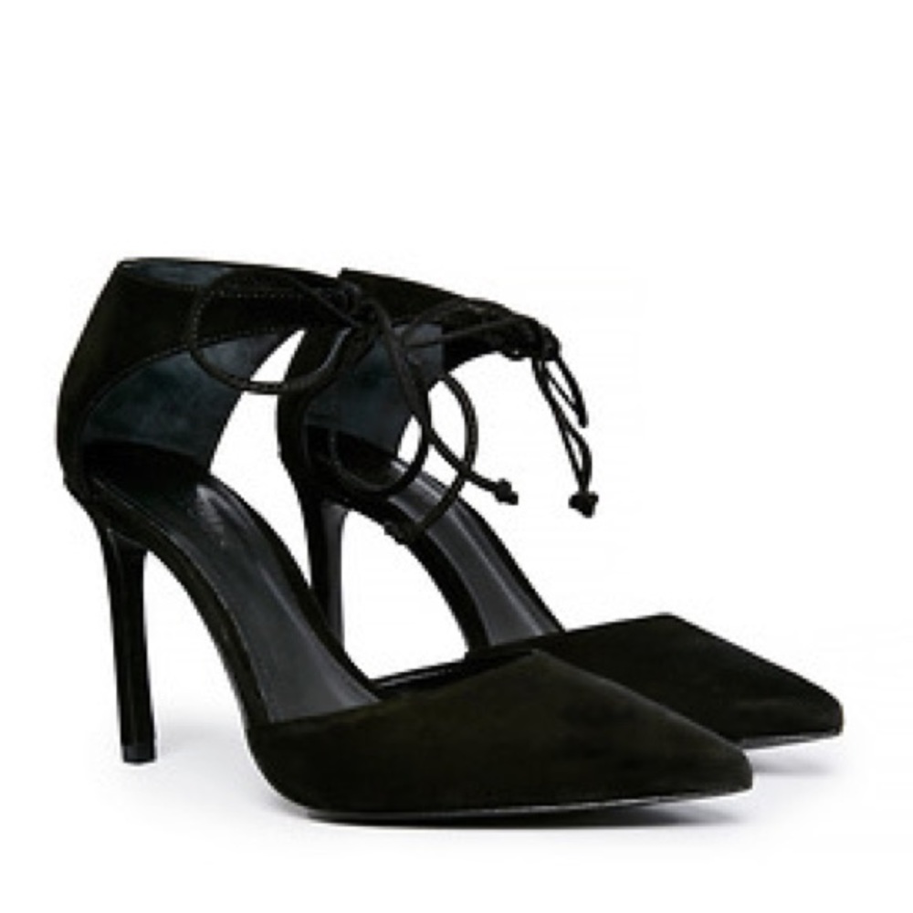 SCHUTZ black suede Kutia laced ankle pointed toe heels 6.5